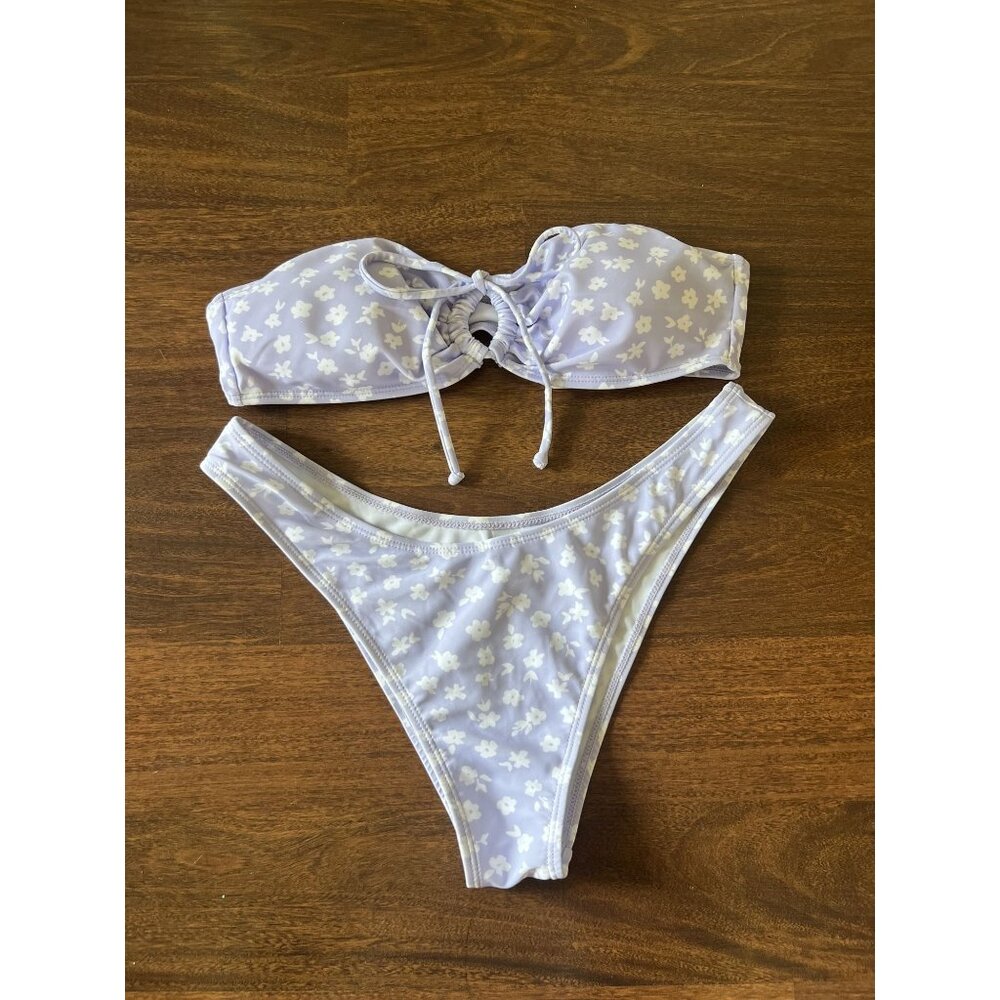 NWT Lavender Floral Bikini Set Medium Bandeau Top & High Cut Bottoms Swimwear
